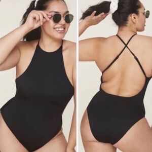 Andie NWT Black The Asbury High Neck Criss Cross Back One Piece Swimsuit Size L